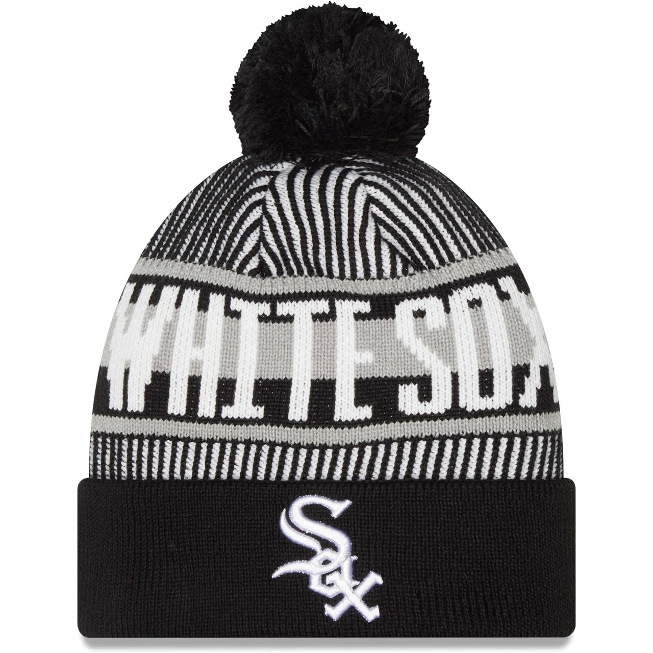 Men's Chicago White Sox New Era Black Striped Cuffed Knit Hat With Pom 3 Men's Chicago White Sox New Era Black Striped Cuffed Knit Hat With Pom