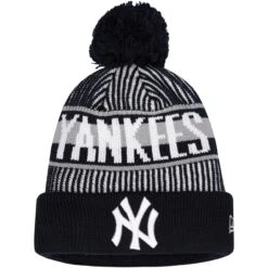 Youth New York Yankees New Era Navy Striped Cuffed Knit Hat With Pom